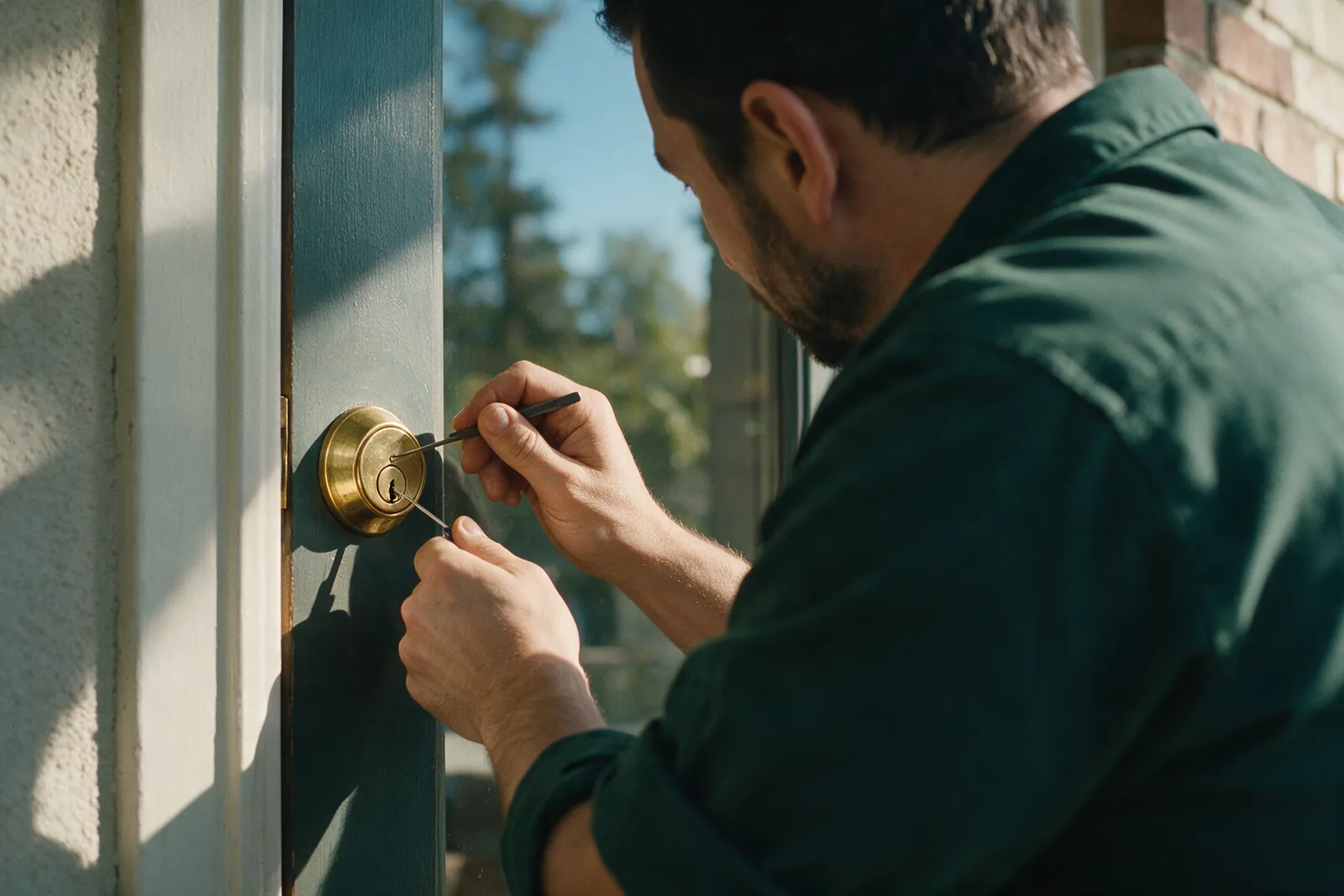 A tension wrench and a hook pick in the keyway of a brass deadbolt, close up
