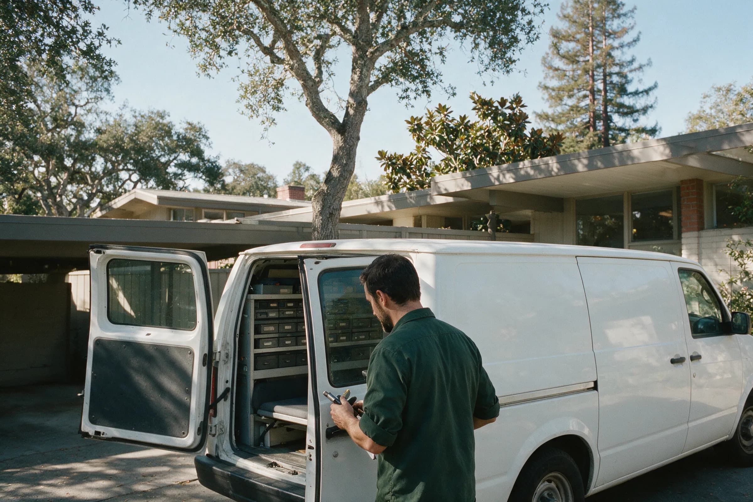 Tall Tree Lock & Safe van in the driveway of an Eichler in Palo Alto